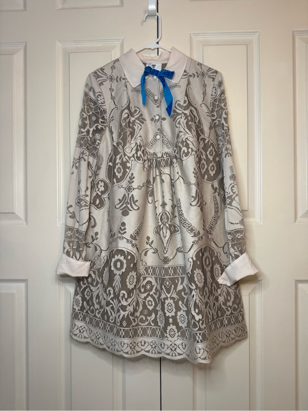 Anna Sui x Target laser cut lace babydoll long sleeve dress with Blue Bow
